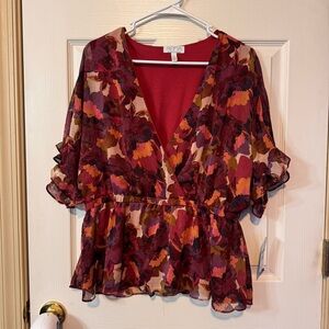 Sofia Vergara Smocked Peplum Wrap Blouse Boho Floral V-Neck Top XL Romantic NWT